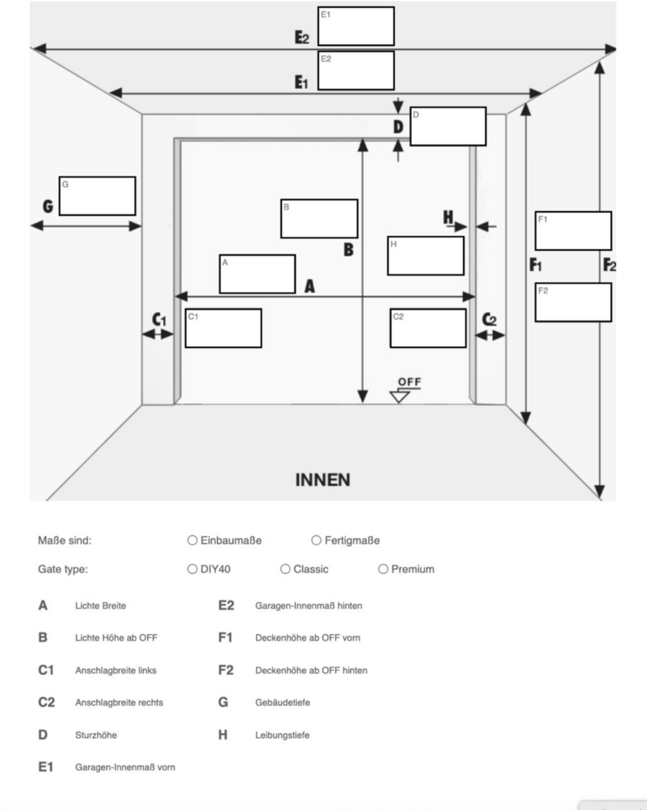 Aufmaßschema mit den Maßen A bis H für ein Garagentor
